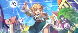 Rule 34 | 1boy, 3girls, ahoge, arm up, armpit crease, black gloves, black hair, black thighhighs, blonde hair, blue necktie, blue skirt, blue sky, boots, brown boots, brown gloves, building, cielo (konosuba), collar, day, detached collar, double-parted bangs, dress, dust (konosuba), elbow gloves, erika (konosuba), from below, furrowed brow, game cg, gloves, green brooch, green dress, green eyes, grey pantyhose, hair ornament, hairclip, highres, kono subarashii sekai ni shukufuku wo!, konosuba! fantastic days, lamppost, lia (konosuba), long hair, looking up, midair, miniskirt, multiple girls, neck ribbon, necktie, nervous, off shoulder, official art, one eye closed, open mouth, outdoors, pantyhose, parted bangs, pink dress, pink eyes, pink hair, pink ribbon, punching, ribbon, road, short dress, short hair, shoulder belt, sidelocks, skirt, skirt under dress, sky, sleeveless, sleeveless dress, spaghetti strap, street, sun, thighhighs, tree, twintails, very long hair, wavy hair, white collar, white dress, zettai ryouiki