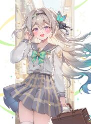 1girl absurdres aqua_hair bag black_hairband black_sailor_collar bow bowtie firefly_(honkai:_star_rail) firefly_(spring_missive)_(honkai:_star_rail) gradient_hair green_bow green_bowtie grey_hair hair_between_eyes hair_ornament hairband hand_up hayun highres holding holding_bag honkai:_star_rail honkai_(series) long_hair long_sleeves looking_at_viewer multicolored_hair open_mouth sailor_collar school_bag school_uniform shirt skirt smile solo standing thighhighs white_shirt white_thighhighs