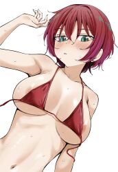 1girl absurdres alternate_costume amate_yuzuriha areola_slip arm_up bikini blush breasts breasts_apart closed_mouth commentary_request green_eyes gundam gundam_gquuuuuux highres kitaku_(nakamachi_machi) looking_at_viewer lying medium_breasts navel on_back red_bikini red_hair short_hair sideboob simple_background solo stomach sweat swimsuit underboob untied_bikini upper_body white_background