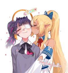 2girls amattoart bare_shoulders black_ribbon blue_bow blue_collar blush bow closed_eyes collar dark-skinned_female dark_elf dark_skin detached_sleeves dress elf english_text eyepatch grey_sweater happy happy_birthday heart high_ponytail hololive hololive_english kiss kissing_cheek long_hair long_sleeves medical_eyepatch medium_hair multicolored_hair multiple_girls ninomae_ina&#039;nis ninomae_ina&#039;nis_(school_uniform) pink_hair pointy_ears ponytail purple_hair red_ribbon ribbon school_uniform shiranui_flare shiranui_flare_(1st_costume) shirt side_ponytail simple_background sleeve_bow sleeveless sleeveless_dress smile streaked_hair sweater tentacle_hair white_background white_bow white_dress white_hair white_shirt yuri