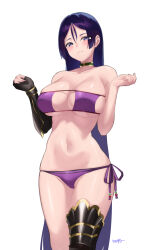 1girl absurdres armlet bare_shoulders bikini black_gloves blush breasts choker cleavage closed_mouth collarbone elbow_gloves eyepatch_bikini fate/grand_order fate_(series) fingerless_gloves gloves highres jewelry kurozawa_yui large_breasts long_hair looking_at_viewer minamoto_no_raikou_(fate) minamoto_no_raikou_(fate/grand_order) minamoto_no_raikou_(swimsuit_lancer)_(fate) minamoto_no_raikou_(swimsuit_lancer)_(third_ascension)_(fate) navel parted_bangs purple_bikini purple_eyes purple_hair single_elbow_glove single_glove smile solo swimsuit thighs very_long_hair