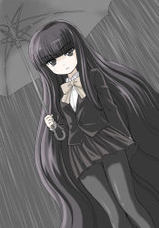 00s black_hair blazer collared_shirt jacket kouyouen_academy_school_uniform long_hair niko pantyhose rain school_uniform shirt solo suou_kuyou suzumiya_haruhi_no_yuuutsu umbrella very_long_hair wan&#039;yan_aguda
