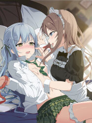 2girls absurdres apron bang_dream! bang_dream!_it&#039;s_mygo!!!!! black_dress blue_eyes blue_hair breasts brown_hair chinese_commentary commentary_request commission diagonal-striped_clothes diagonal-striped_necktie dress dress_shirt green_necktie green_skirt haneoka_school_uniform highres long_hair maid maid_headdress medium_breasts multiple_girls nagasaki_soyo necktie open_clothes open_mouth open_shirt panties panties_around_leg plaid_clothes plaid_skirt pleated_skirt restrained saliva school_uniform shirt sidelocks skirt soha_(sirohase) striped_clothes togawa_sakiko underwear white_apron white_panties white_shirt yellow_eyes yuri