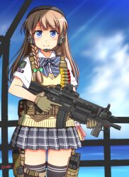 1girl assault_rifle black_thighhighs blue_bow bow braid brown_vest bulletproof_vest cloud cowboy_shot day eotech grey_skirt gun h&amp;k_hk416 hat headset highres holding holding_gun holding_weapon holster laser_sight lightstick looking_at_viewer medium_hair military military_operator multicolored_hat multicolored_shirt muzzle_device ocean original outdoors patch pleated_skirt red_bow rifle school_uniform shirt shotgun_shell shoulder_patch signature single_braid six12 skirt solo standing stolas_(lemegeton) striped_bow tactical_school_uniform thigh_holster thighhighs two-handed underbarrel_shotgun vest weapon white_bow white_shirt yellow_skirt