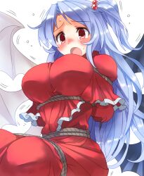 1girl asymmetrical_wings bdsm blue_hair bondage bound breasts capelet dress large_breasts long_skirt mono_(moiky) open_mouth red_capelet red_dress red_eyes rope shibari shinki_(touhou) side_ponytail skirt solo sweat touhou touhou_(pc-98) white_background white_wings wings