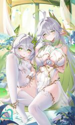 Rule 34 | 2girls, absurdres, ahoge, alternate costume, bare shoulders, blush, bracelet, breasts, bridal gauntlets, chinese commentary, cleavage, collarbone, commentary request, covered navel, crystalfly (genshin impact), dendro slime (genshin impact), dress, feet, foot out of frame, genshin impact, gloves, gold trim, green eyes, green hair, hair between eyes, hair ornament, hand on another&#039;s thigh, highres, jewelry, jndfh, knee up, large breasts, leaf hair ornament, legs, long hair, looking at viewer, multicolored hair, multiple girls, nahida (genshin impact), no shoes, parted lips, pointy ears, rukkhadevata (genshin impact), sitting, sleeveless, sleeveless dress, slime (genshin impact), small breasts, smile, stirrup legwear, symbol-shaped pupils, thighhighs, thighs, toeless legwear, toenails, toes, very long hair, white bridal gauntlets, white dress, white gloves, white hair, white thighhighs