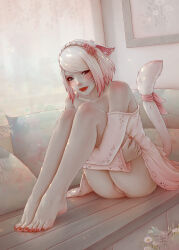 Rule 34 | 1girl, animal ears, bare shoulders, barefoot, blue eyes, blush, cat ears, cat tail, commentary, commission, english commentary, facial mark, final fantasy, final fantasy xiv, flower, gradient hair, hair flower, hair ornament, highres, hugging own legs, lips, lipstick, looking at viewer, makeup, miqo&#039;te, multicolored hair, nail polish, off shoulder, panties, pantyshot, pink hair, red lips, red nails, ribbon, short hair, sitting, soranamae, sweater, tail, tail ornament, tail ribbon, underwear, warrior of light (ff14), whisker markings, white hair