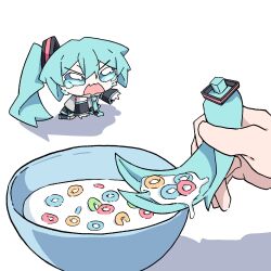 1girl 1other aqua_eyes aqua_hair black_skirt black_sleeves cereal chibi crying crying_with_eyes_open detached_hair detached_sleeves hatsune_miku highres improvised_utensil kneeling master_(vocaloid) milk mumu323m open_mouth pov pov_hands shadow simple_background skirt solo_focus tears vocaloid white_background