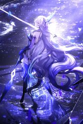 Rule 34 | 1girl, absurdres, broken glass, clothes lift, genshin impact, glass, hair ornament, highres, holding, holding sword, holding weapon, kong tiao bo zi, long hair, looking at viewer, looking back, multicolored hair, red eyes, skirk (genshin impact), skirt, skirt lift, sword, walking, walking on liquid, water, weapon, white hair