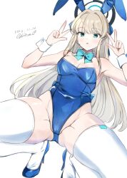 Rule 34 | 1girl, 2023, animal ears, aqua bow, aqua bowtie, bare shoulders, blonde hair, blue archive, blue eyes, blue halo, blue ribbon, blue shoes, blush, bow, bowtie, breasts, cameltoe, chisamikan, cleavage, commentary request, covered navel, dated, detached collar, double v, dutch angle, fake animal ears, foreshortening, gluteal fold, hair intakes, hair ribbon, halo, hands up, high heels, highres, knees out of frame, leotard, long hair, looking at viewer, medium breasts, official alternate costume, official alternate hairstyle, parted lips, partially visible vulva, playboy bunny, rabbit ears, ribbon, shoes, sidelocks, signature, simple background, solo, spread legs, squatting, straight hair, thighhighs, thighs, toki (blue archive), toki (bunny) (blue archive), v, very long hair, white background, white thighhighs, white wrist cuffs, wrist cuffs