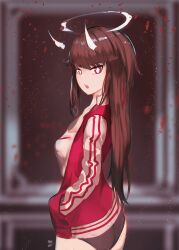 Rule 34 | 1girl, ass, black panties, blurry, blurry background, breasts, bright pupils, brown hair, cowboy shot, depth of field, from side, halo, hand in pocket, hands in pockets, highres, horns, jacket, liz (nin fake), long hair, long sleeves, looking at viewer, looking back, medium breasts, nin fake, no pants, open clothes, open jacket, open mouth, original, panties, red eyes, red jacket, shirt, signature, solo, standing, teeth, track jacket, underwear, upper teeth only, white shirt