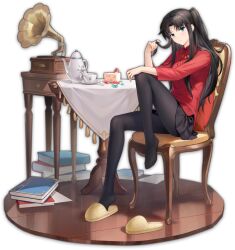 1girl aqua_eyes black_hair black_pantyhose black_skirt book cake cake_slice casual chair closed_mouth fate/stay_night fate_(series) food full_body heaven&#039;s_feel highres knee_up long_sleeves looking_at_viewer mahjong_soul official_art on_chair one_side_up pantyhose red_shirt shirt sitting skirt slippers solo tohsaka_rin transparent_background v-shaped_eyebrows yellow_slippers