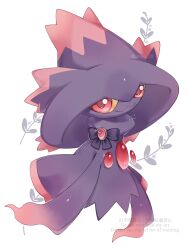 bow closed_mouth commentary floating full_body gem gen_4_pokemon highres iwasi_29 looking_at_viewer mismagius nintendo no_humans pokemon pokemon_(creature) pokemon_focus purple_bow red_eyes red_gemstone simple_background symbol-only_commentary twitter_username watermark white_background