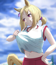 Rule 34 | 1girl, absurdres, alternate costume, animal ears, blonde hair, breasts, clothes pull, commentary, ear covers, ear ornament, gym shirt, hair ribbon, highres, horse ears, horse girl, horse tail, jagili noe, large breasts, looking to the side, low ponytail, midriff, narita top road (umamusume), navel, ponytail, purple eyes, purple ribbon, ribbon, shirt, shirt pull, short hair, short ponytail, single ear cover, sleeves rolled up, solo, t-shirt, tail, umamusume, white shirt