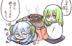 1boy 1girl :3 blue_hair commentary_request curled_horns enkidu_(fate) fate/grand_order fate_(series) food green_hair hair_between_eyes horns hotpot kingu_(fate) kotatsu lying mushroom on_stomach pillow purple_eyes robe sitting steam table tiamat_(fate) translation_request under_kotatsu under_table white_robe yoyo_9ea