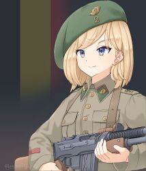 1girl absurdres artist_name belgian_army belgian_flag belgium beret blonde_hair brown_jacket closed_mouth commentary flag_background green_hat grey_eyes gun hat highres holding holding_gun holding_weapon jacket leochan1202 light_machine_gun long_sleeves m1918_bar machine_gun military military_uniform original short_hair smile soldier solo upper_body weapon world_war_ii