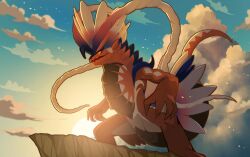 Rule 34 | artist request, blue sky, cloud, colored sclera, day, koraidon, nintendo, no humans, open mouth, orange eyes, outdoors, pokemon, pokemon (creature), pokemon focus, pokemon tcg, second-party source, sky, solo, standing, sun, yellow sclera