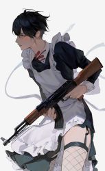 1boy akm apron assault_rifle black_dress black_hair blush crossdressing dress finger_on_trigger fishnet_thighhighs fishnets floating_clothes garter_straps gun highres holding holding_gun holding_weapon huh_1222 kalashnikov_rifle maid_apron male_focus original profile rifle rifle_cartridge short_hair simple_background solo thighhighs torn_clothes torn_dress weapon white_background