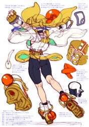 1990s_(style) 1girl absurdres ass backboob bandana black_bodysuit blue_hair bodysuit breasts fingerless_gloves from_behind full_body gloves highres kotobuki_tsukasa lime_(saber_j) long_hair official_art retro_artstyle saber_marionette_j see-through_clothes skirt solo sphere_hair_ornament white_background yellow_bandana