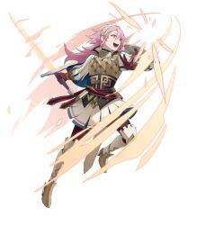 1girl arm_shield attack brown_gloves fire_emblem fire_emblem_fates fire_emblem_heroes gloves headband highres holding holding_sword holding_weapon leggings nintendo non-web_source official_alternate_costume official_art open_mouth pink_eyes pink_hair puffy_sleeves skirt smile soleil_(fire_emblem) soleil_(resplendent)_(fire_emblem) solo spiked_hair sword v-shaped_eyebrows vambraces weapon