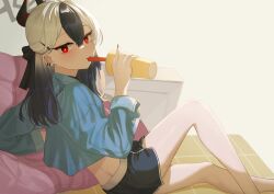 1girl aoore_x64 black_bow black_hair black_horns blue_archive blue_jacket blue_shorts bow butt_crack commentary_request demon_horns drink drinking_straw ear_piercing gradient_hair hair_between_eyes hair_bow halo highres holding holding_drink horns jacket kayoko_(blue_archive) long_hair long_sleeves looking_at_viewer multicolored_hair piercing reclining red_eyes shorts solo two-tone_hair
