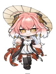 Rule 34 | 1girl, ahoge, black background, breasts, changli (wuthering waves), chibi, chinese clothes, closed mouth, dress, full body, hair ornament, highres, holding, holding umbrella, lightcb, long hair, looking at viewer, multicolored hair, oil-paper umbrella, pink hair, simple background, smile, solo, thighhighs, umbrella, white dress, white hair, wuthering waves, yellow eyes