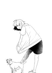 1girl ahoge alternate_costume animal contemporary crocs dog fate/grand_order fate_(series) greyscale hands_in_pockets highres hood hoodie jack_russell_terrier jeanne_d&#039;arc_alter_(fate) looking_at_viewer monochrome nonoitou110 short_hair shorts solo_focus