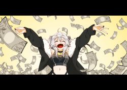 1girl :d ^_^ ahoge animal_ears banknote black_jacket black_nails black_shirt breasts cleavage closed_eyes commentary_request crop_top cropped_shirt ear_piercing fang fingernails fur-trimmed_jacket fur_trim hair_between_eyes highres hololive homura_minori jacket jewelry large_breasts letterboxed lion_ears lion_girl long_fingernails long_hair messy_hair money nail_polish navel necklace open_mouth piercing see-through_clothes see-through_cleavage shirt shishiro_botan shishiro_botan_(1st_costume) sidelocks silver_hair skin_tight sleeveless sleeveless_shirt smile ssrb_(shishiro_botan) two_side_up upper_body virtual_youtuber yen