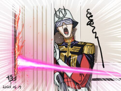 2025 burning char_aznable dated energy_beam energy_sword epaulettes eye_mask gloves gundam gundam_gquuuuuux helmet here&#039;s_johnny!_(meme) meme mobile_suit_gundam parody qingmingtongzi scared screaming signature sketch sword the_shining weapon white_gloves zeon