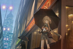 2boys black_umbrella brown_coat brown_hair brown_shorts building city cityscape closed_mouth coat commentary_request commission green_scarf highres holding holding_stuffed_toy holding_umbrella lamppost long_sleeves looking_at_viewer male_focus multiple_boys neon_lights night original outdoors plaid_clothes plaid_scarf rain restaurant road sasakure_(mogunonbi) scarf short_hair shorts sky skyscraper smile standing storefront street stuffed_animal stuffed_toy umbrella window