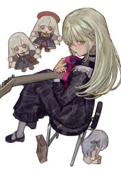 1girl bag bang_dream! bang_dream!_it&#039;s_mygo!!!!! beret black_dress black_shoes button_eyes buttons chair character_doll chinese_commentary closed_mouth commentary_request crying crying_with_eyes_open dress frilled_dress frills from_side full_body green_hair guitar hat holding holding_guitar holding_instrument instrument kofi-mo long_hair long_sleeves looking_at_viewer looking_back mortis_(bang_dream!) mortis_(costume)_(bang_dream!) on_chair red_hat shoes sidelocks simple_background sitting solo tears togawa_sakiko wakaba_mutsumi white_background yellow_eyes