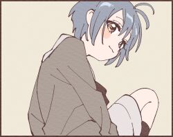 Rule 34 | 1girl, :3, antenna hair, blue hair, blush stickers, border, brown border, brown eyes, brown socks, closed mouth, commentary request, feet out of frame, grey background, grey shirt, highres, long sleeves, looking to the side, namori, original, shirt, short hair, shorts, simple background, sitting, socks, solo, white shorts