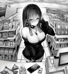 Rule 34 | 1girl, absurdres, blush, bottle, breasts, buying condoms, cash register, cleavage, condom box, detached sleeves, dress, earrings, food, garter straps, greyscale, highres, jewelry, large breasts, long hair, monochrome, onigiri, original, piratescat01, pov, shop, solo, strapless, strapless dress, thighhighs