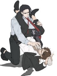 2boys :d :| beard_stubble belt black_coat black_hair black_shoes blade_lineage_(identity)_(project_moon) brown_eyes brown_hair closed_mouth clothes_grab coat collared_shirt facial_hair full_body gourd green_eyes gregor_(project_moon) grin hair_over_one_eye hand_on_another&#039;s_leg head_between_knees highres holding holding_gourd implied_yaoi index_finger_raised irezumi kkolo432271 kneeling kurokumo_clan_(identity)_(project_moon) limbus_company looking_at_another looking_at_viewer low_ponytail male_focus meursault_(project_moon) multiple_boys necktie open_mouth outstretched_legs partially_unbuttoned ponytail print_eyepatch project_moon prosthesis prosthetic_arm reaching reaching_towards_another red_necktie scar scar_on_face scar_on_hands scars_all_over shirt shoes smile stubble tattoo tattoo_sleeve too_many unamused white_background white_shirt