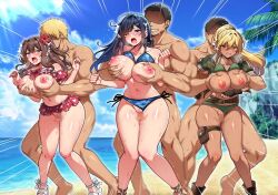 3boys 3girls ammunition_pouch beach bikini bikini_bottom_aside bikini_top_lift black_hair blonde_hair blue_bikini blue_eyes blush breasts brown_eyes brown_hair camouflage camouflage_jacket cleavage clenched_teeth clothes_lift clothing_aside dark-skinned_female dark_skin floral_print floral_print_bikini flower frilled_bikini frills game_cg game_show grabbing_another&#039;s_breast grabbing_from_behind green_bikini groping hair_flower hair_ornament hairclip heart heart_print hechima_kobo jacket knees_together_feet_apart large_areolae large_breasts long_hair medium_hair mesu_game_~tsukamareba_soku_nakadashi!_100_hyaku_oku-en_to_chijoku_o_kaketa_survival~ multiple_boys multiple_girls nipples non-web_source one_eye_closed open_mouth outdoors ponytail pouch sandals sex sex_from_behind shiny_skin side-tie_bikini_bottom swimsuit tan teeth vaginal yellow_eyes