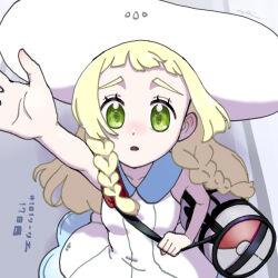 1girl arm_up bag blonde_hair braid breasts collarbone collared_dress commentary_request dress duffel_bag eyelashes from_above green_eyes hat highres hiyokko2min holding_strap lillie_(pokemon) long_hair looking_up nintendo open_mouth poke_ball_print pokemon pokemon_sm sleeveless sleeveless_dress solo sun_hat translation_request twin_braids white_dress white_hat