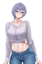 1girl azur_lane banba_(jakqbigone) bellona_(azur_lane) breasts commentary_request cowboy_shot crop_top denim grey_eyes grey_hair grey_shirt highres jeans long_sleeves looking_at_viewer medium_breasts midriff navel pants shirt short_hair simple_background smile solo standing stomach white_background