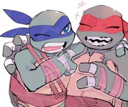 2boys affectionate animification arm_around_shoulder blue_eyes brothers colored_skin commentary_request furry furry_male green_scales green_skin leonardo_(tmnt) male_focus mask moime multiple_boys one_eye_closed raphael_(tmnt) siblings simple_background teenage_mutant_ninja_turtles teenage_mutant_ninja_turtles_(2012) teeth turtle_boy upper_body white_background