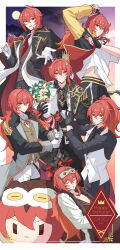 Rule 34 | 1boy, absurdres, aono (aono pic), arm up, black coat, black gloves, black necktie, black shirt, border, bouquet, brown vest, chibi, closed eyes, closed mouth, coat, cocktail shaker, crown, cup, dated, diluc (genshin impact), diluc (resplendent feast) (genshin impact), flower, full moon, genshin impact, gloves, hair between eyes, happy birthday, high ponytail, highres, holding, holding bouquet, holding cocktail shaker, holding cup, holding sword, holding weapon, long hair, long sleeves, looking at viewer, midriff peek, mini crown, moon, multiple views, necktie, night, night sky, ponytail, putting on jacket, red eyes, red hair, red necktie, shirt, short sleeves, sky, sleep mask, sword, vest, weapon, white border, white gloves, white shirt, white vest, wolf&#039;s gravestone (genshin impact)