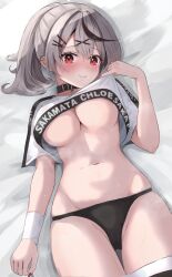 Rule 34 | 1girl, absurdres, arm at side, armband, black collar, black hair, black panties, blush, breasts, buckle, cleavage, closed mouth, clothes lift, clothes writing, collar, commentary request, cowboy shot, double-parted bangs, earrings, english text, fang, fingernails, gradient hair, grey hair, hair between eyes, hair ornament, hairclip, hand up, highres, hololive, jewelry, lifting own clothes, linea alba, long bangs, long hair, looking at viewer, lying, multicolored hair, nail polish, navel, no bra, no pants, nose blush, on back, on bed, panties, ponytail, red eyes, red nails, sakamata chloe, shirt lift, smile, solo, steam, steaming body, stomach, stud earrings, sweat, tonton utaro, underboob, underwear, virtual youtuber, white armband, x hair ornament