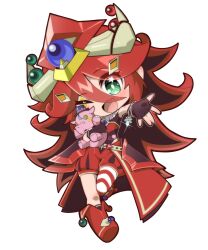 Rule 34 | 1girl, chibi, duel monster, full body, green eyes, highres, humanization, long hair, odd-eyes pendulum dragon, one eye closed, red shirt, red shorts, red skirt, shirt, shorts, skirt, solo, urasuka, yu-gi-oh!