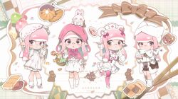 1girl animal animal_ears animal_on_head artist_name basket bear_ears blunt_bangs bow bowtie capelet chibi chibi_only coat detached_sleeves donut dress fake_animal_ears food full_body gloves hair_bow hat highres holding holding_syringe inkling inkling_girl inkling_player_character long_hair looking_at_viewer mole mole_under_eye muffin multiple_views nintendo nurse_cap on_head open_clothes open_coat pabuk5w pantyhose picnic_basket pink_bow pink_bowtie pink_capelet pink_eyes pink_hair pink_hat pink_pantyhose pointy_ears pretzel rabbit rabbit_on_head ribbon scarf shirt shoes skirt sleeve_ribbon socks splatoon_(series) standing standing_on_one_leg syringe tentacle_hair watermark white_coat white_dress white_gloves white_hat white_rabbit_(animal) white_ribbon white_scarf white_shirt white_shoes white_skirt white_sleeves white_socks