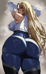 1girl ass ass_focus blonde_hair blue_eyes blush breasts brown_dust_(series) brown_dust_2 elbow_gloves gloves hella_p highres huge_ass large_breasts long_hair pants standing steam thick_thighs thighs wilhelmina_(brown_dust)