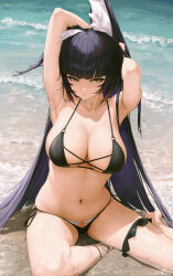 1girl absurdres animal_ear_fluff animal_ears armpits arms_behind_head arms_up azur_lane bare_legs barefoot beach bikini black_bikini black_hair breasts day facial_mark fox_ears halterneck highres l_ract large_breasts long_hair looking_at_viewer musashi_(azur_lane) navel o-ring o-ring_bikini outdoors parted_lips side-tie_bikini_bottom sitting solo stomach string swimsuit very_long_hair water whisker_markings yellow_eyes