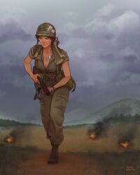 1girl ammunition_pouch artist_name breasts brown_hair camouflage camouflage_headwear cleavage cloud cloudy_sky combat_helmet deltamagna dog_tags fire green_pants green_shirt grenade_launcher gun helmet highres holding holding_gun holding_weapon jungle m1_helmet m79 military military_combat_uniform military_uniform nature original pants partially_unbuttoned pouch queen_(playing_card) queen_of_hearts_(playing_card) shirt short_sleeves sky smoke vietnam_war watch weapon wristwatch