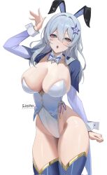 Rule 34 | 1girl, animal ears, artist name, blue thighhighs, bow, bowtie, breasts, cleavage, collar, copyright notice, copyright request, corrupted twitter file, detached collar, eyelashes, fake animal ears, gold trim, green eyes, grey shrug, hair between eyes, highleg, highleg leotard, highres, large breasts, leotard, long hair, playboy bunny, rabbit ears, rasipan, shrug (clothing), solo, strapless, strapless leotard, thighhighs, white bow, white bowtie, white collar, white leotard, white wrist cuffs, wrist cuffs