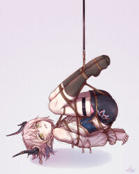 1boy ankle_socks arms_behind_back bare_shoulders bdsm bishounen black_socks blue_corset bondage bound bound_arms bound_legs breasts character_request clenched_teeth clothing_cutout collared_shirt copyright_request corset cropped_shirt frilled_shirt frilled_sleeves frills green_eyes highres horns long_hair looking_at_viewer lzc midriff_peek open_mouth pink_hair pointy_ears restrained shibari shibari_over_clothes shirt shorts shoulder_cutout skindentation small_breasts socks solo suspension teeth thigh_strap trap white_background white_shirt
