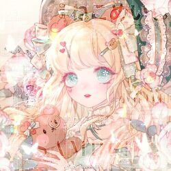 Rule 34 | 1girl, animal ears, bare shoulders, bcy username, bear ears, bear hair ornament, blonde hair, bonnet, bow, bug, butterfly, chinese commentary, choker, commentary request, criss-cross straps, dated, english text, eyelashes, eyeshadow, flower, flower in eye, frilled choker, frilled shirt, frilled wrist cuffs, frills, green bow, green eyes, green headwear, green shirt, hair bow, hair flower, hair ornament, hairclip, heart, heart hair ornament, heart on cheek, heart print, holding, holding stuffed toy, insect, lace-trimmed headwear, lace trim, light brown hair, light smile, lipstick, long hair, looking at viewer, makeup, marking on cheek, mioda xi, mixed-language text, multiple hair bows, nail polish, off-shoulder shirt, off shoulder, original, parted lips, pink eyeshadow, pink flower, pink nails, pink rose, red lips, rose, sample watermark, shirt, skirt, solo, sparkling eyes, striped bow, striped clothes, striped shirt, stuffed animal, stuffed toy, symbol in eye, teddy bear, teeth, too many watermarks, upper body, upper teeth only, vertical-striped clothes, vertical-striped shirt, watermark, weibo watermark, weibo watermark, white background, white bow, white choker, white wrist cuffs, wrist cuffs