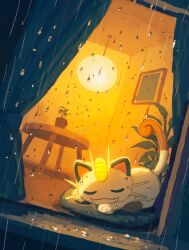aruco_co closed_eyes curtains fangs fangs_out gen_1_pokemon highres meowth nintendo no_humans plant pokemon pokemon_(creature) potted_plant rain round_table sleeping solo table window