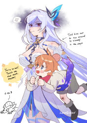 1boy 1girl age_difference aged_down ahoge anger_vein angry armpits artist_name bare_shoulders black_boots blood blue_eyes blue_hair blush boots breasts bruise bruise_on_leg carrying carrying_person child_carry cleavage clenched_hands closed_mouth collarbone colored_skin curvy detached_sleeves english_text genshin_impact gradient_skin grey_shirt grey_shorts hair_between_eyes hair_ornament hands_up head_bump highres injury large_breasts lingerie long_hair long_sleeves looking_up lunacerra multicolored_skin open_mouth orange_hair red_eyes shaded_face shirt short_sleeves shorts skirk_(genshin_impact) speech_bubble spoken_anger_vein standing sweatdrop tartaglia_(genshin_impact) teacher_and_student thighs two-tone_skin underwear white_background